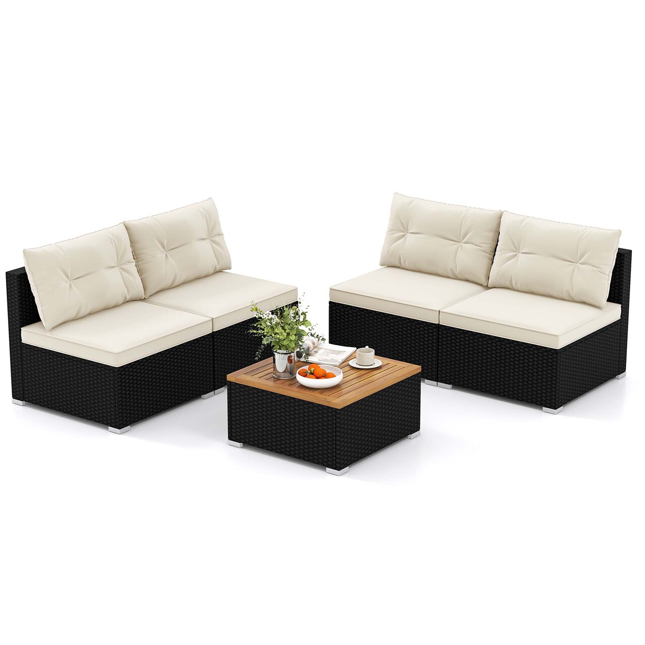 Costway 5 Piece Outdoor Furniture Set with Seat & Back Cushions Acacia Wood Tabletop